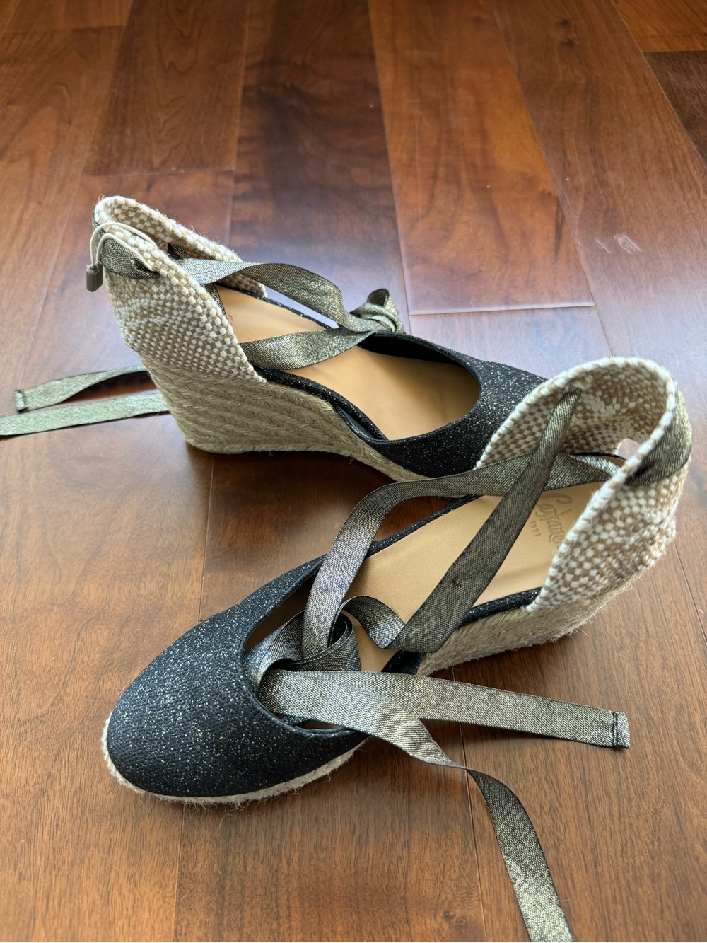 Castaner Metallic Gold Espadrille Wedge with Ankle Ties